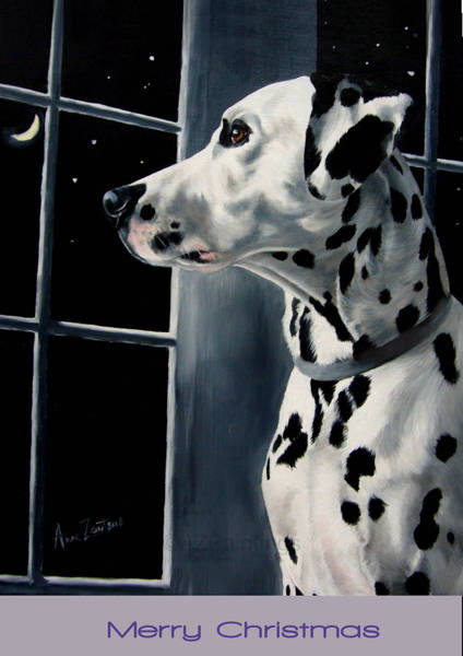 A Dalmatian looking through a window at the crescent moon