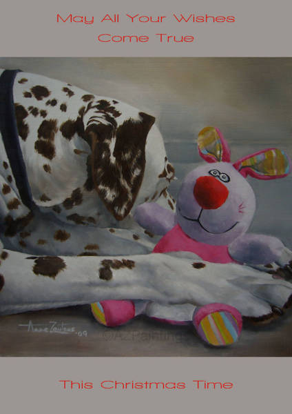 A liver-spotted Dalmatian hugging a colourful soft toy