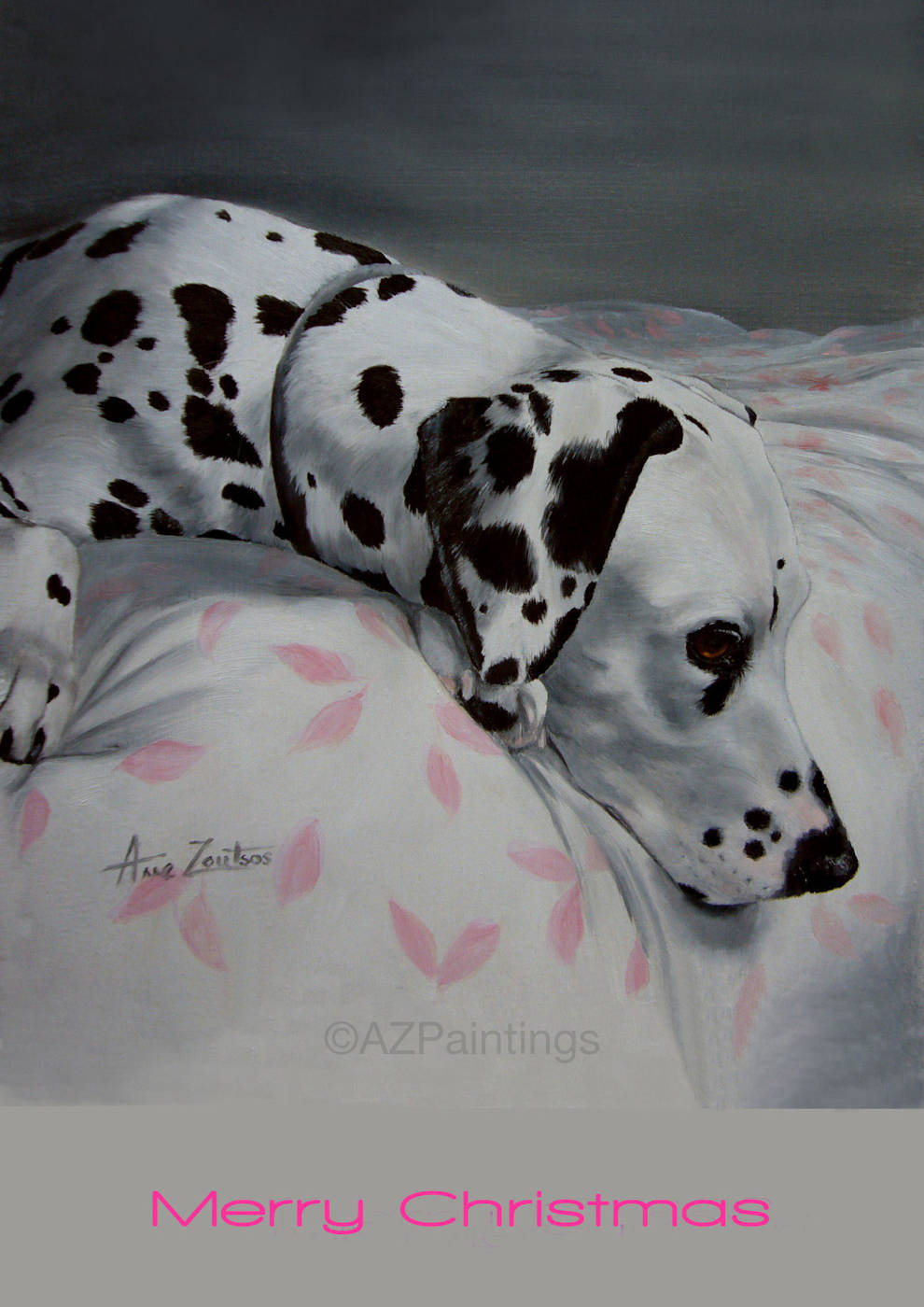 A peaceful Dalmatian lying on a bed