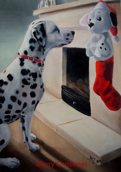 A Dalmatian gazing at a Dalmatian-shaped Christmas stocking hanging on the fireplace