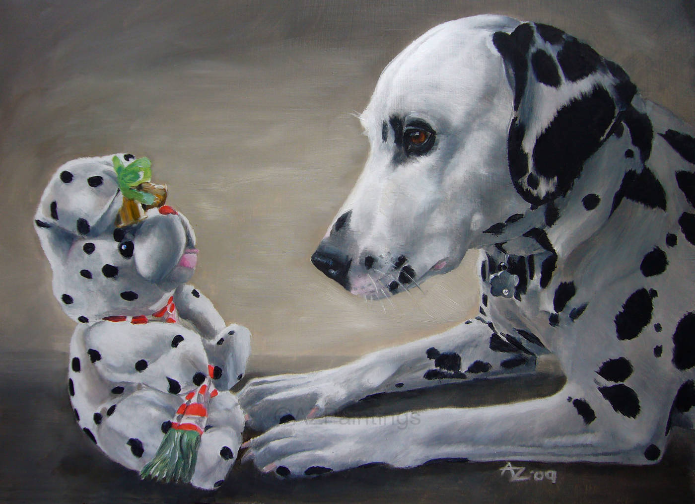 A Dalmatian gazing at a Dalmatian-shaped Christmas toy that barks songs