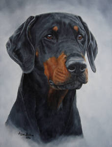 Oil painting of a dobermann head and shoulders portrait