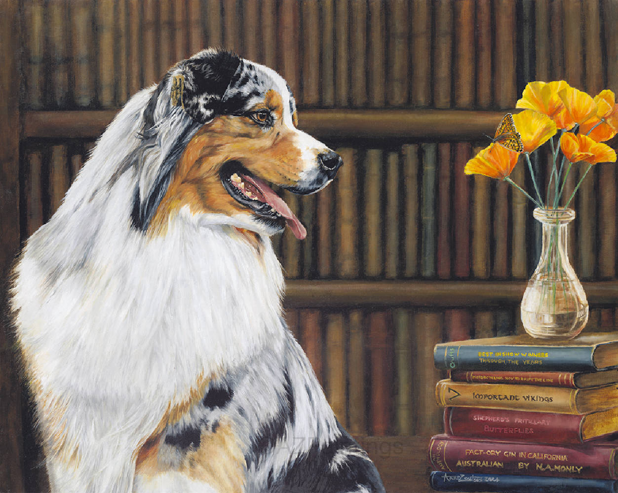 Australian Shepherd sitting beside a selection of books
