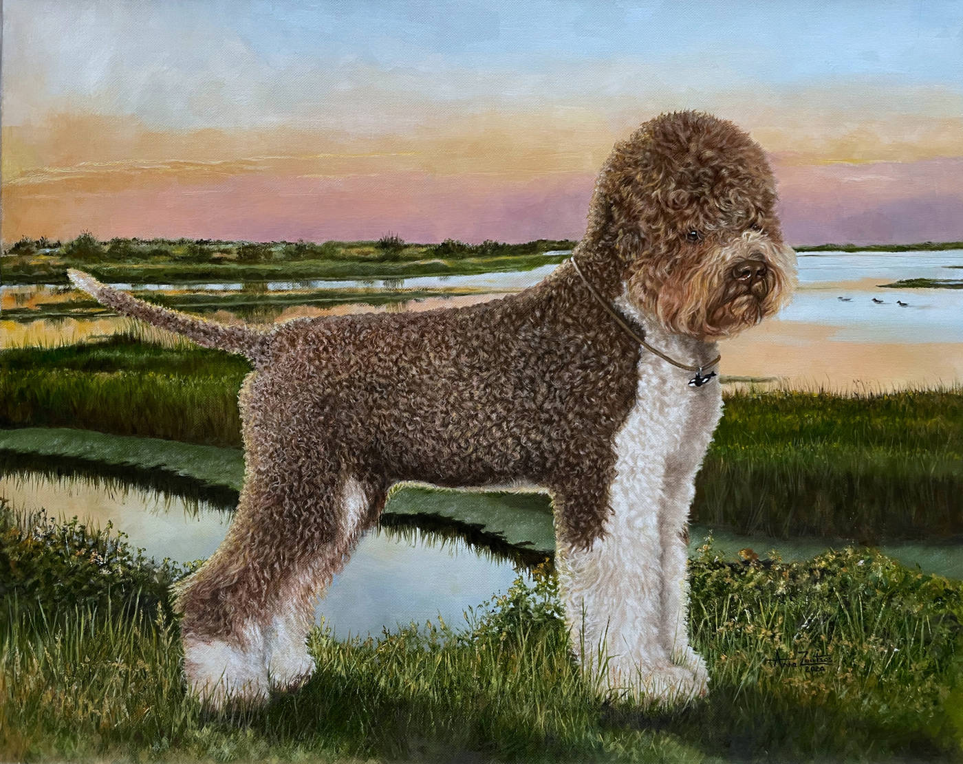A Lagotto Romagnolo standing in a Romagna-inspired landscape wearing a collar with an orca pendant