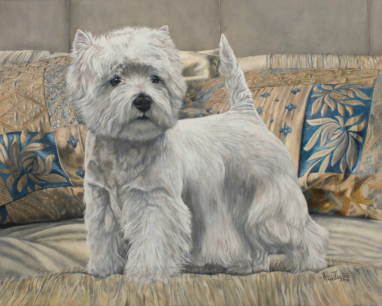 A West Highland White Terrier standing on a bed with cushions