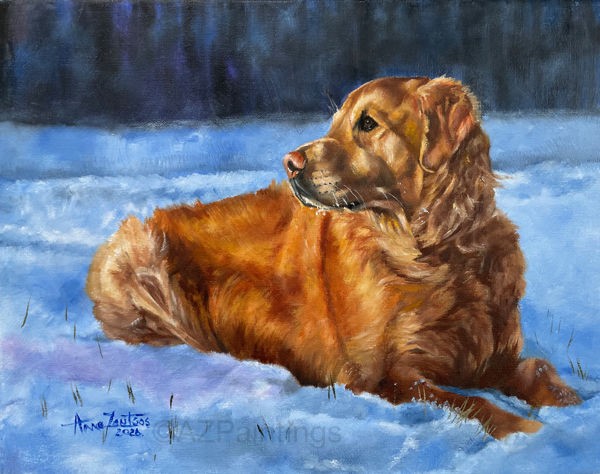 An oil painting of a golden retriever lying in the snow