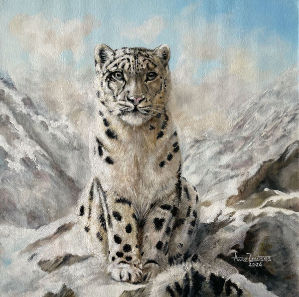 An oil painting of a snow leopard sitting on a snowy mountainside