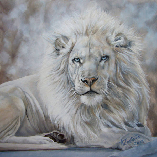 A study of a white lion with blue eyes